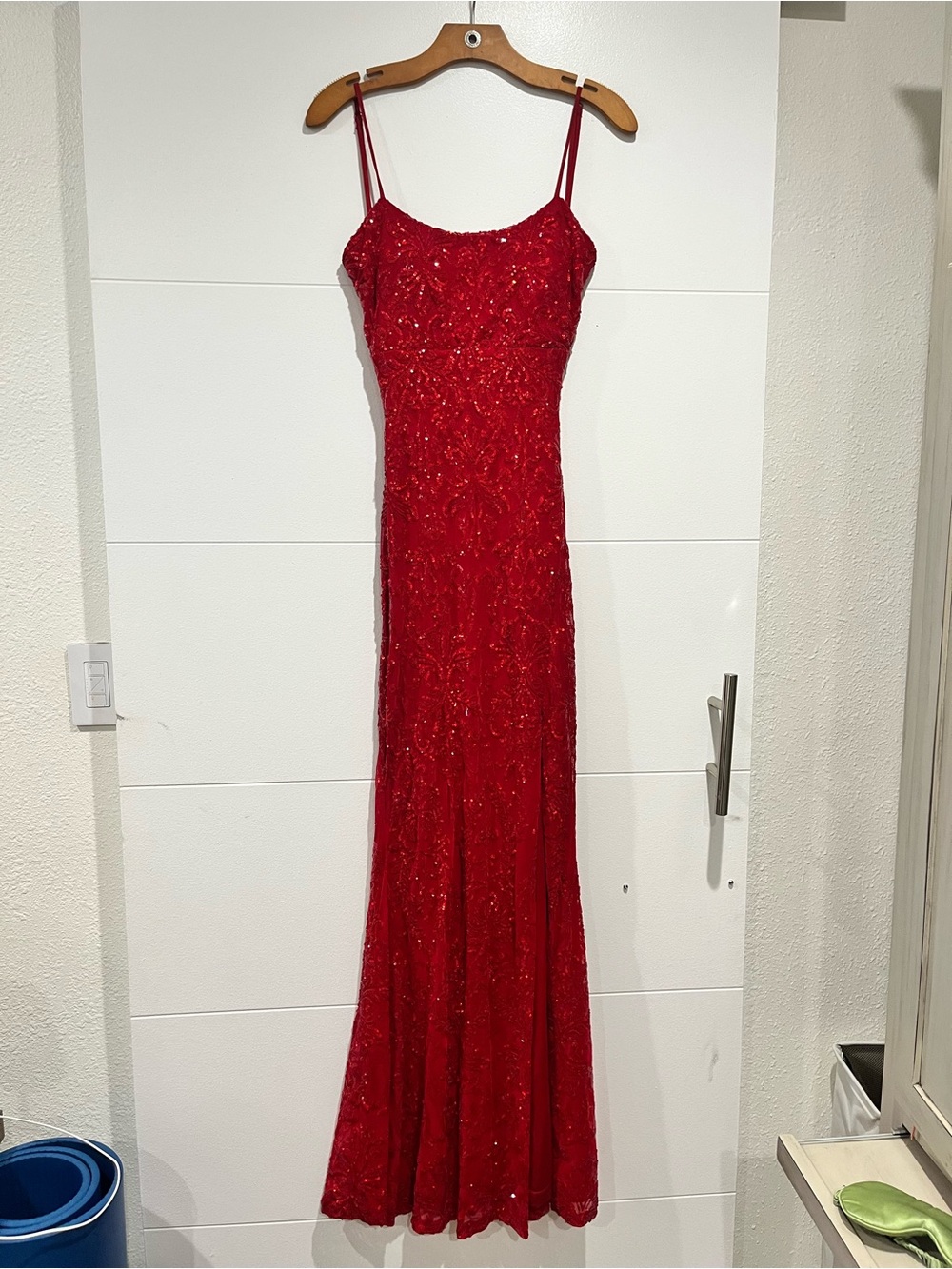 Red Sequence Spaghetti-Strap Prom Dress